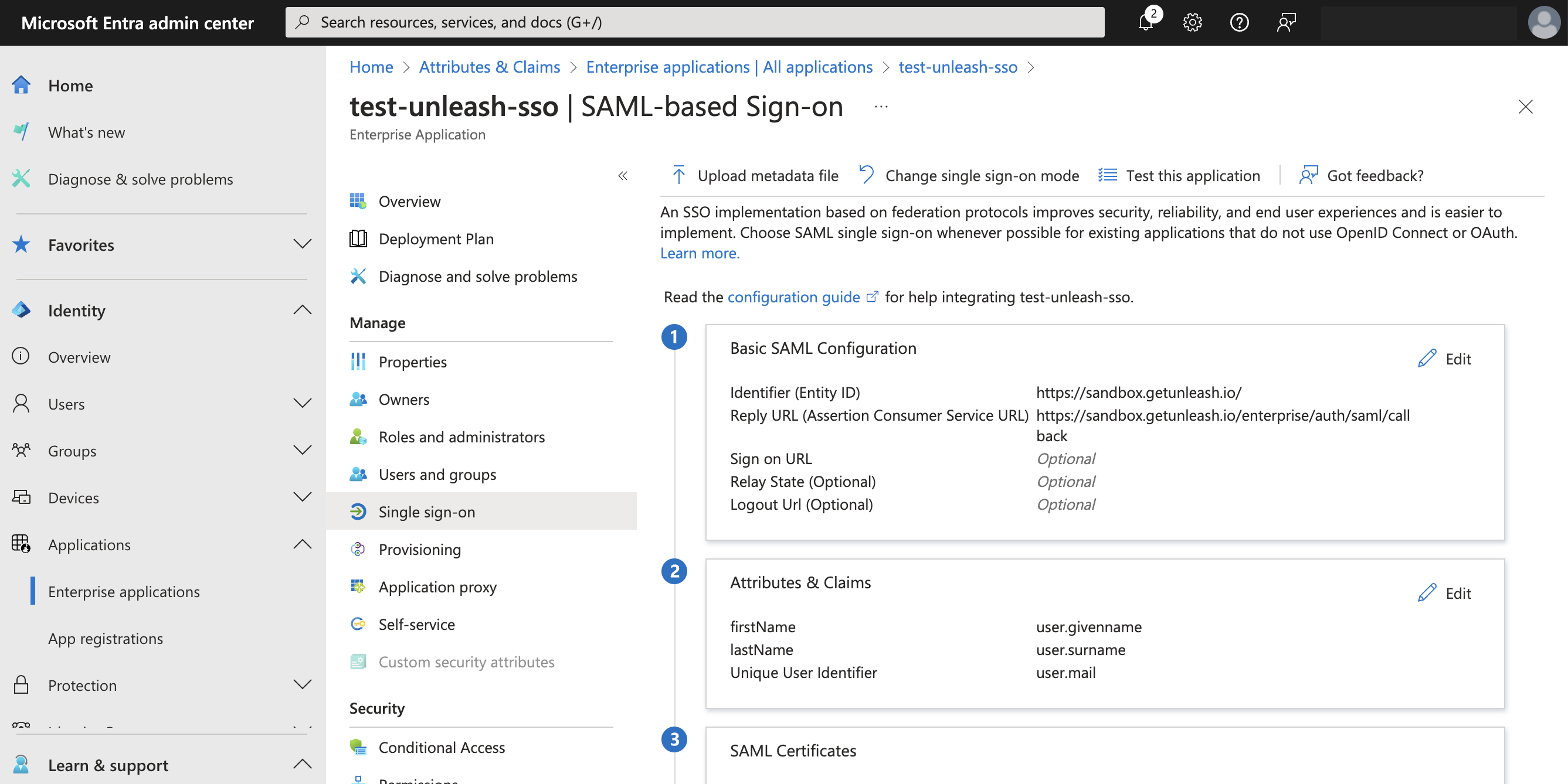 SAML configuration in Microsoft Entra admin center